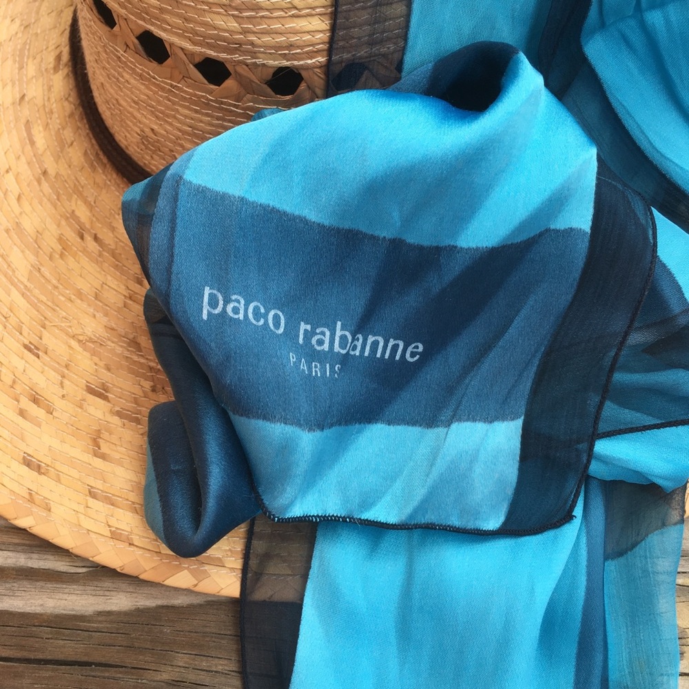 Vintage Paco Rabanne Paris Blue Scarf Headscarf Flaw